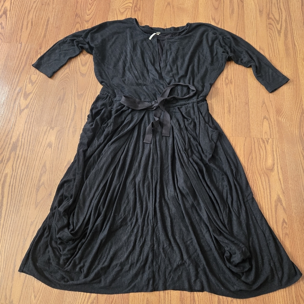 Free People Guaze Midi Dress Black Linen Casual A-Line Draped Pockets Keyhole S - Picture 2 of 15